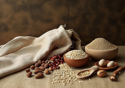 食品坚果背景图片_麻袋里的种子坚果和燕麦片