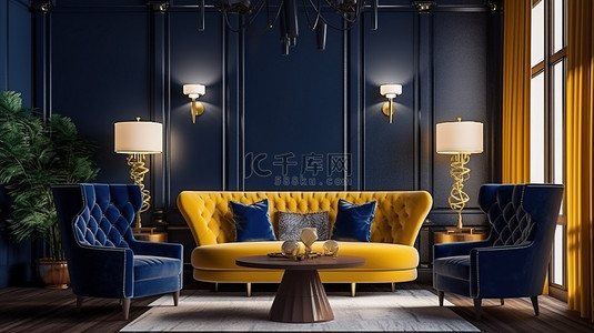 宽敞的传统休息区，配有深蓝色墙壁钴色扶手椅和充满活力的黄色沙发，令人惊叹的 3D 渲染