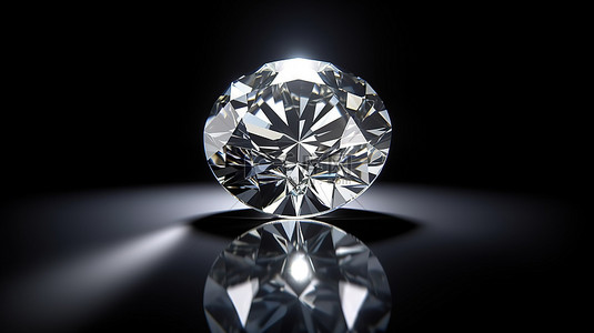 反光黑色背景上圆形钻石的 3D 插图