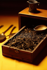 碧绿茶叶背景图片_一个小盒子旁边有各种各样的茶叶和一把勺子