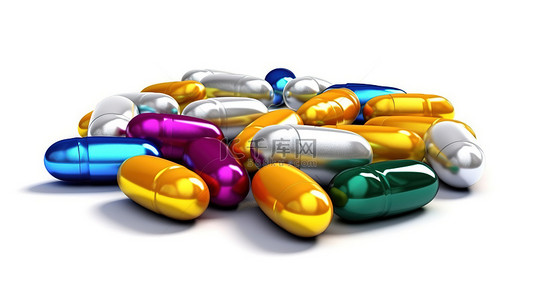 健身药丸背景图片_色彩鲜艳的药丸，形状独特，白色 3D 概念艺术，是健康健身补充剂和医药产品的理想选择