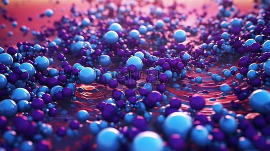 以蓝色和紫色颗粒和圆圈为特色的抽象插图的特写 3D 渲染