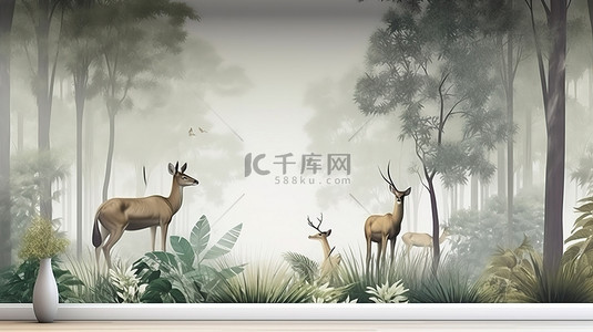 剪影树木背景图片_现代 3D 风景壁画壁纸以森林丛林鹿和冬季树木为特色