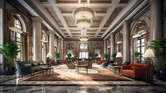 传统风格酒店大堂内部的 3D 渲染
