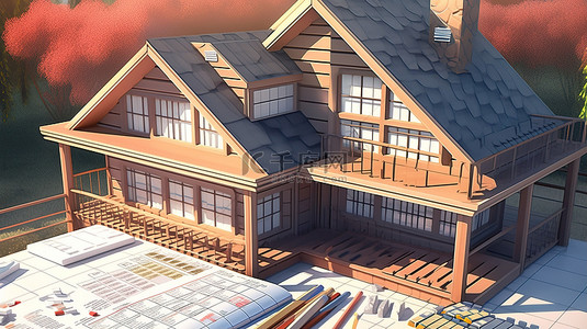 木质表面上的 3D 房屋模型，带有抵押贷款申请表计算器蓝图等