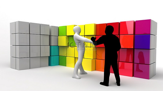 黑人人物背景图片_白色背景，CMYK 立方体由 3D 人物放置