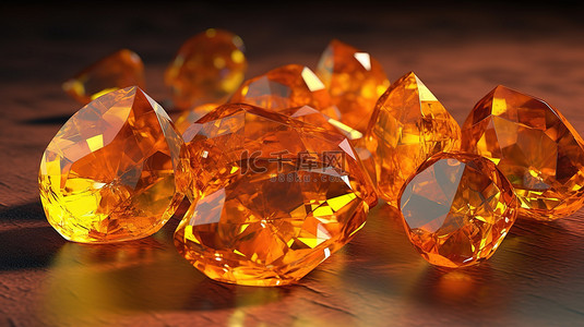 首饰设计展板背景图片_3D 渲染的各种宝石形状和颜色的黄水晶