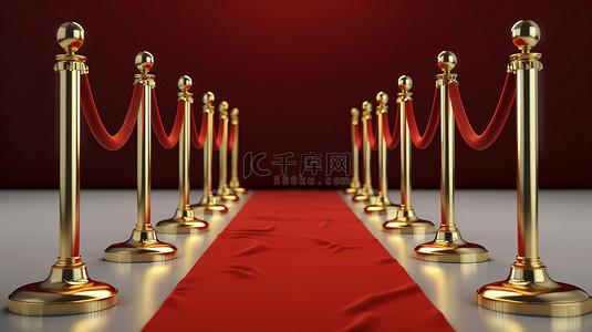 照明红地毯，远处有金色屏障绳索和楼梯 3D 渲染