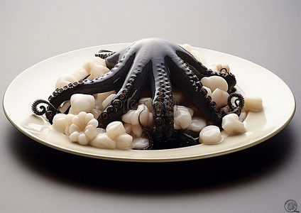 一只章鱼被放在一个碗里，放在石头上