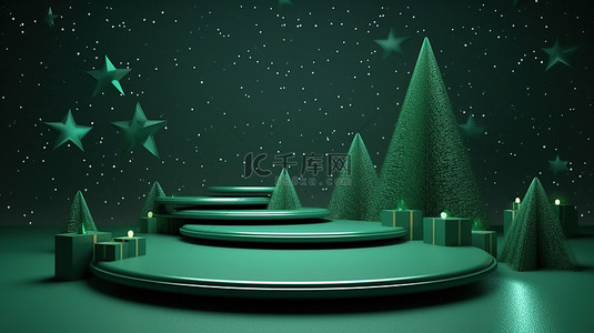 节日圣诞节场景的 3D 插图，以绿色为主题，以树和星星为特色，非常适合促销和横幅