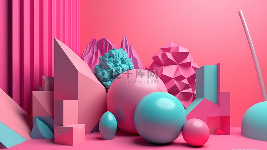 粉红色时尚背景背景图片_粉红色背景上充满活力的 3D 几何形状 带有创意设计构图和渐变调色板的横幅销售