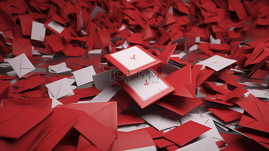 一个打开的信封和一张空白卡放在一堆密封的红色字母上，3d 渲染