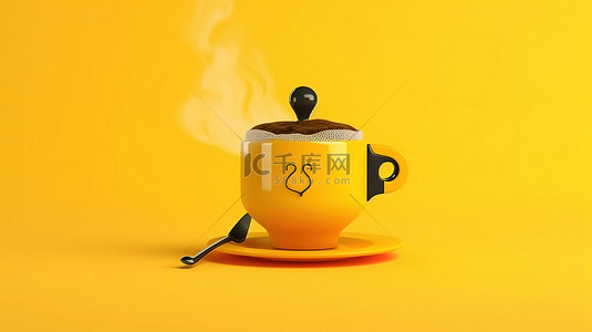 笼子权力背景图片_黄色背景，带有闹钟的 3D 渲染和一杯象征权力的黑咖啡