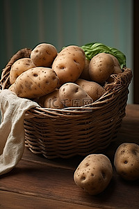 木桌上篮子里的土豆