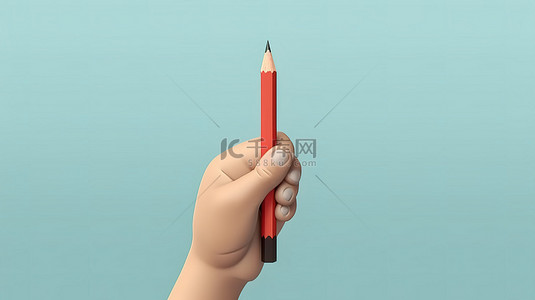 薄荷背景 3D 渲染商业卡通样机，手持红铅笔