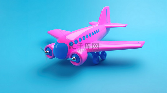 粉色背景增强了通过 3D 渲染创建的蓝色双色调卡通玩具喷气式飞机的美感
