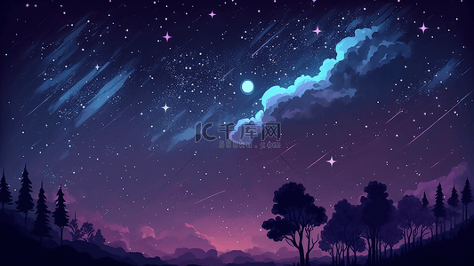 夜晚星空树木剪影插画背景