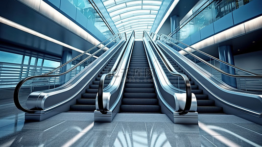 室内购物中心机场或地铁站的时尚自动扶梯详细 3D 渲染