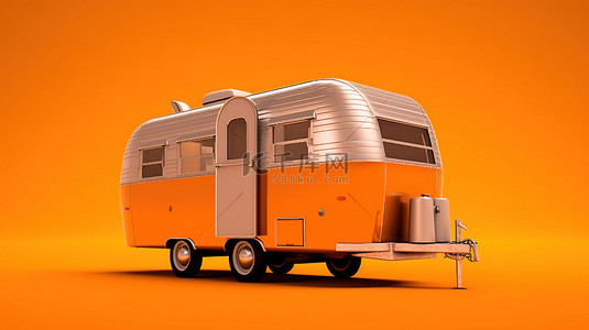 充满活力的橙色背景下单色露营拖车的 3D 渲染