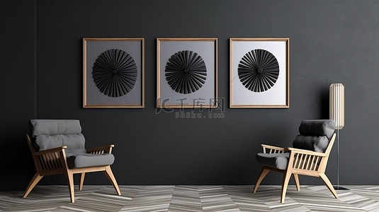 风扇商城背景图片_现代室内装饰的 3D 渲染，灰色墙壁背景，配有模拟海报框架木椅和风扇