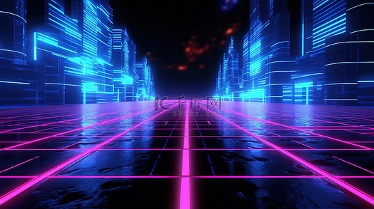夜间城市霓虹灯道路的抽象 3D 插图