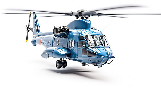 白色背景上孤立的蓝色小型军用运输直升机的 3D 插图
