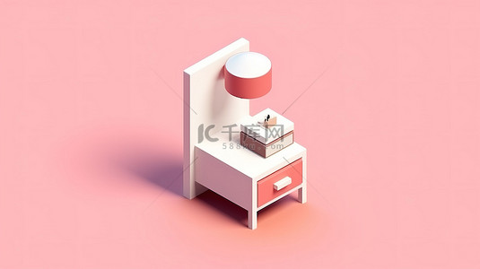 等距床头柜上白色和粉色家用物品的 3D 图标