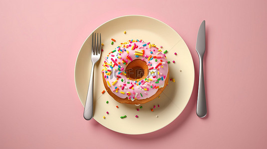 美味的甜甜圈喜悦彩色洒白巧克力釉面对待与叉子和刀顶视图粉红色背景 3D 渲染