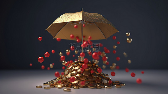 丰富的财富加密硬币雨点在带有圆点的雨伞下的 3D 插图