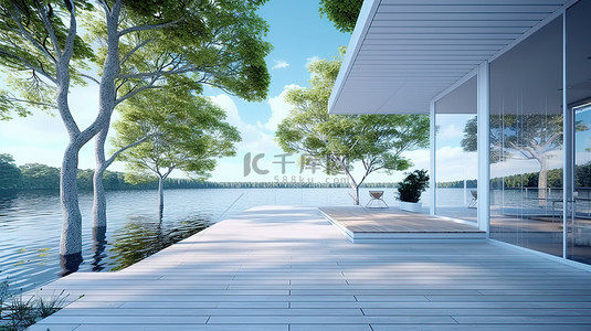 现代湖景 3D 房屋，配有白钢和木质露台