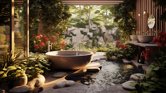 自然包围的豪华户外浴室 3D 效果图