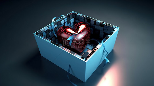 情人节爱心玫瑰背景背景图片_3d 渲染的礼品盒，里面有一颗心