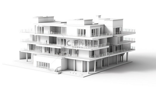 简约的白色公寓模型，令人印象深刻的 3D 现代房屋，呈现在白色背景上