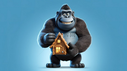 3d 大猩猩卡通控股房子图标与滑稽的扭曲