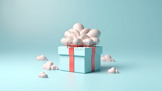 柔和的蓝色背景，带有云和礼品盒，是 3D 渲染中的创意和简约概念