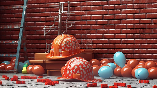 建筑主题劳动节庆祝活动，彩色气球和 3D 砖墙