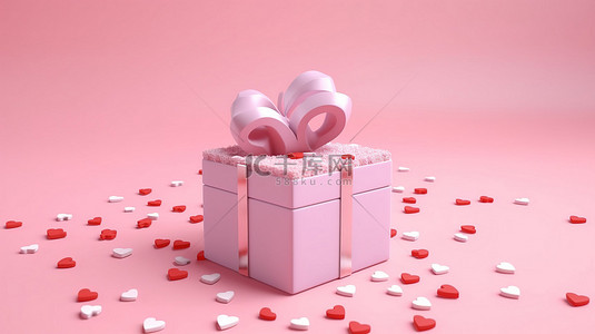 粉红色背景下从打开的盒子中出现的心形礼物的 3D 渲染