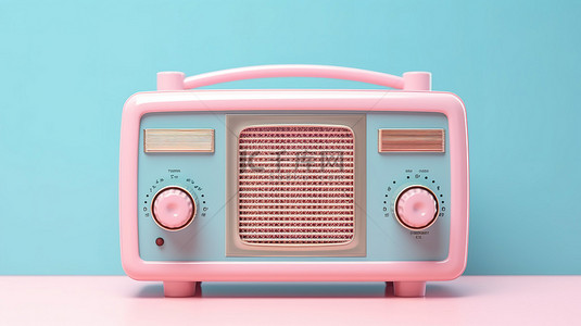 粉红色背景与蓝色复古收音机在 3d 中创建的双色调风格