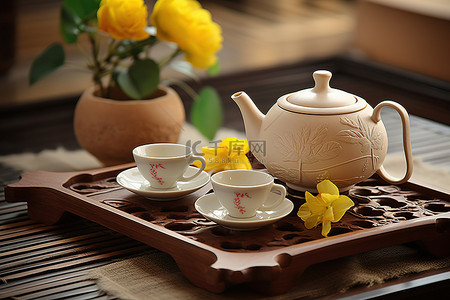 筷子文化背景图片_带三个茶杯茶壶和筷子的棕色托盘