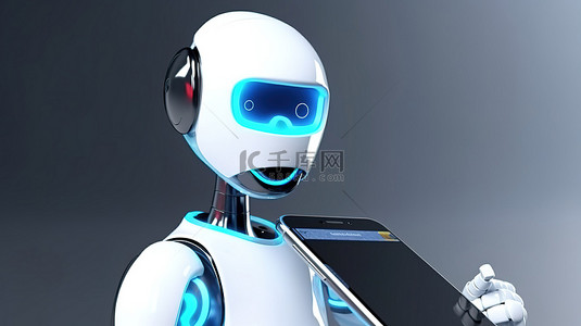 虚拟手机背景图片_3d 渲染中的虚拟机器人或 ai 机器人拿着带空白屏幕的智能手机