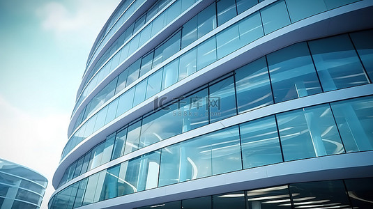 弧形玻璃窗背景图片_未来派建筑一目了然的摩天大楼，从下面 3D 渲染查看，带有弧形玻璃窗