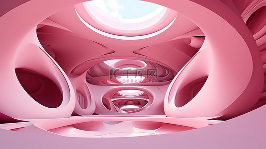 动态蒲公英背景图片_3D 渲染建筑弧形粉红色圆形建筑，带有凹凸元素