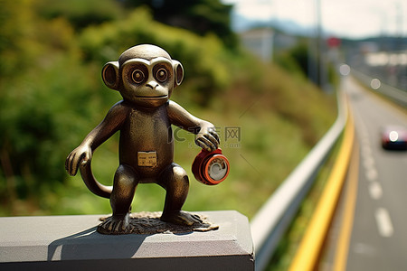 猴子下山背景图片_路上有一尊猴子的黄铜雕像