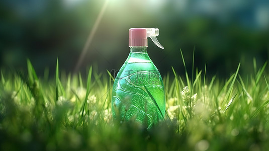 可环保背景图片_草覆盖瓶中的生态友好型洗涤剂喷雾是清洁度 3D 渲染的可持续解决方案