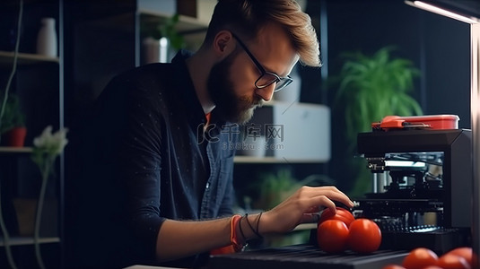 职业教育活动周海报背景图片_令人满意的结果 才华横溢的工程师着迷地检查 3D 打印的红番茄