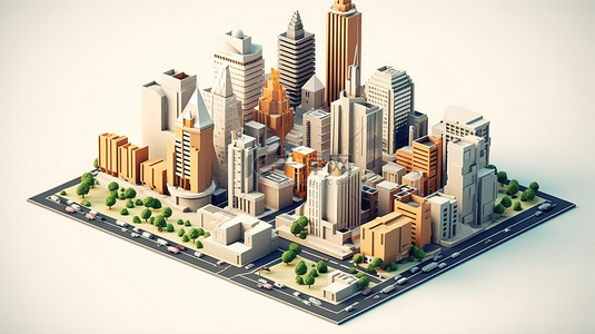 具有低多边形美学的当代城市景观的 3D 渲染