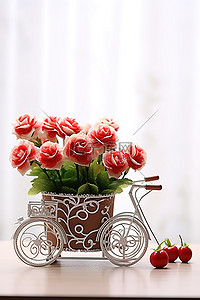 微型复古复古自行车花瓶塑料花盆和玫瑰
