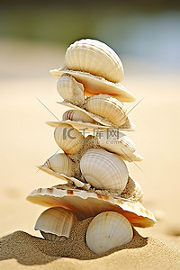 沙子堆背景图片_沙子上的海带和白壳堆