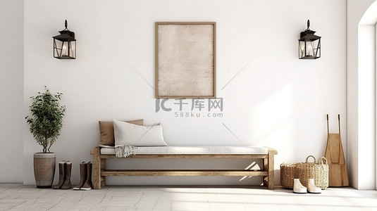 明代家具背景图片_农舍风格入口木凳的 3D 渲染与白墙内部模型