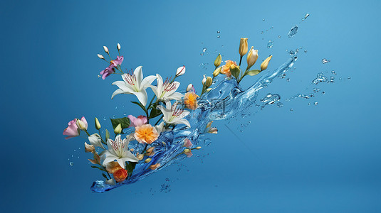 玫瑰花婚礼背景背景图片_蓝色背景与 3d 渲染的层叠花朵